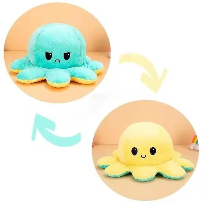 Peluche Réversible Géante XXL - DOUDOU - Pieuvre - Jaune - 50x25cm-0
