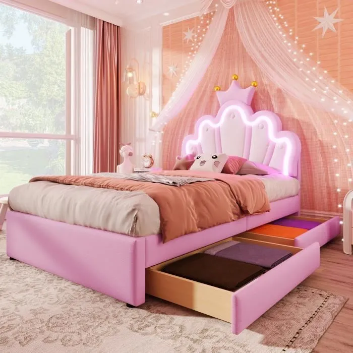 Lit enfant - Princesse - 90x200cm - 2 tiroirs - Tête de lit LED - Cuir PU rose-0