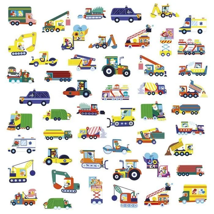 50 Grandes Gommettes Repositionnables pour Enfants - Véhicules Chantier - Pré-découpées pour Faciliter la Préhension - 18 mois +-1