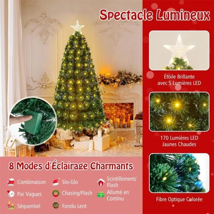 COSTWAY Sapin de Noël Artificiel de 150cm, avec Lumineux 170 LED, 8 Modes d'Éclairage, Étoile Lumineuse au Sommet, Fibres Optiques-1