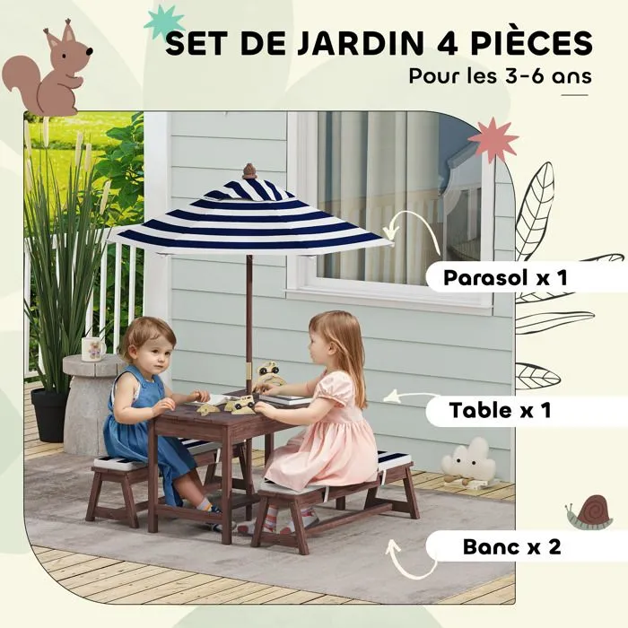 Ensemble salon de jardin extérieur enfant - AIYAPLAY - coussins et parasol amovible - rayé bleu marine et blanc-4