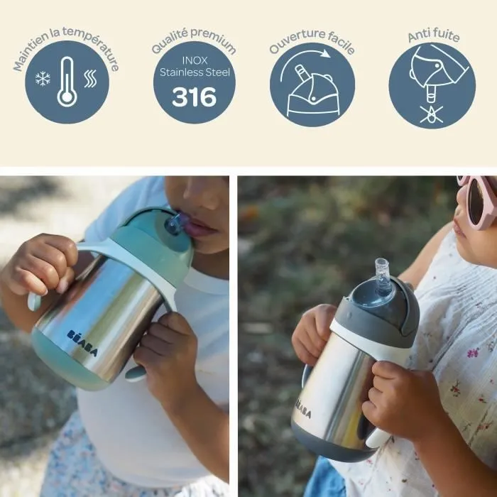 BEABA, Biberon/Tasse d'apprentissage/Gourde Bébé 2 en 1, Tasse Paille Enfant, Inox 100% étanche, Anti-fuite, 250ml, Vert sauge-4