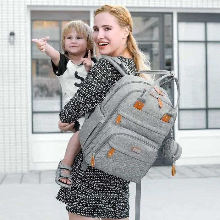 Bebeboutik Sac a Dos a Langer avec Matelas a Langer pour Bebe Grande Capacite Sac a Couches Multifonction Impermeable gris clair