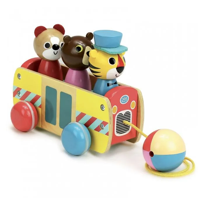 Bus à traîner Vilac - Ingela P. Arrhenius - Formes géométriques - Bois - Rouge et jaune-2