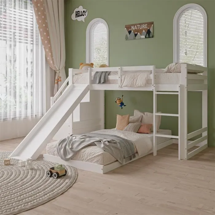 Lit superposé - Enfant - 90x200cm - Blanc - Échelle et toboggan - Bois massif-1
