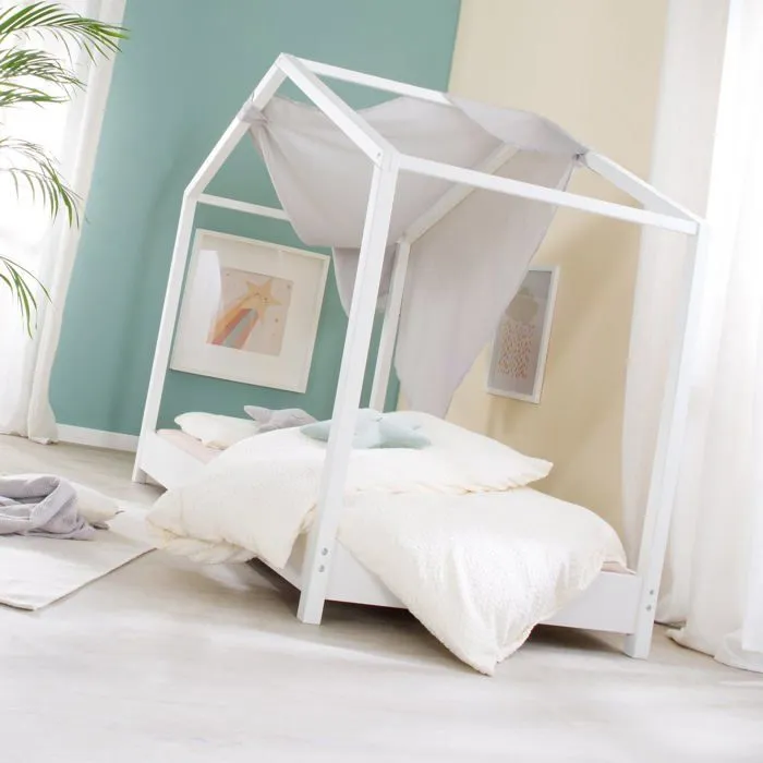 Lit Cabane au Sol 70 x 140 cm - ROBA - avec Matelas Roulé et Sommier à Lattes - Blanc-5