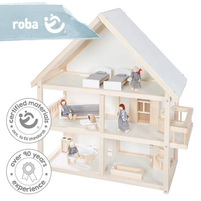 ROBA Maison de Poupée à 3 Étages en Bois Naturel + 16 Pièces de Mobilier et 4 Poupées - Jouet d'Imitation-5