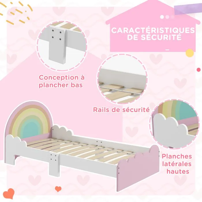Lit enfant design girly motifs arc en ciel, nuages - sommier à lattes inclus - MDF contreplaqué rose blanc-5