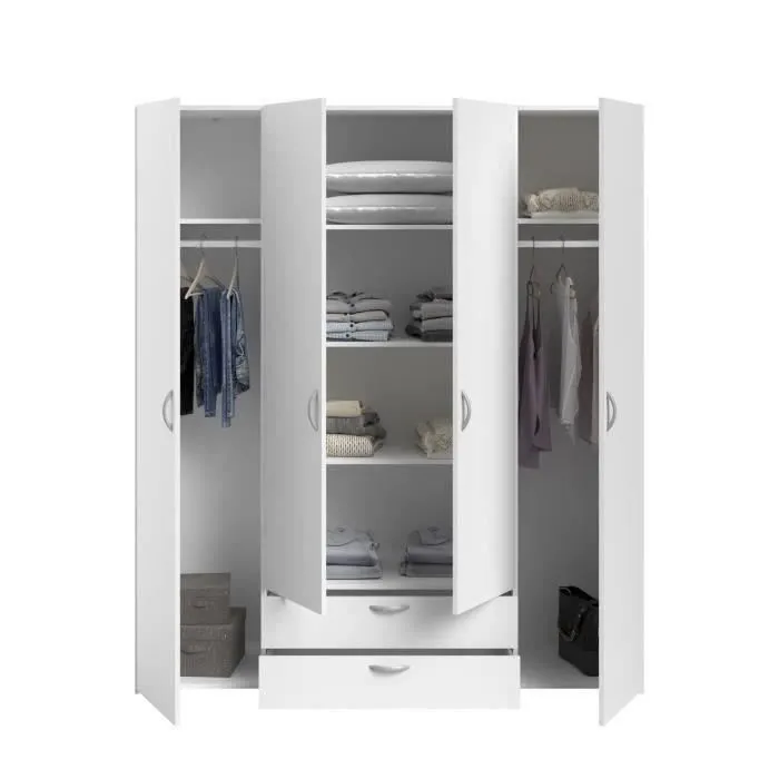 Armoire VARIA - Décor blanc - 4 portes battantes + 2 tiroirs - L 160 x H 185 x P 51 cm - PARISOT-3