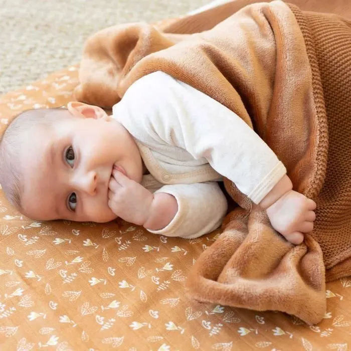 Couverture pour bébé - TROIS KILOS SEPT - Camel - Flanelle et tricot - 75 x 100 cm-1