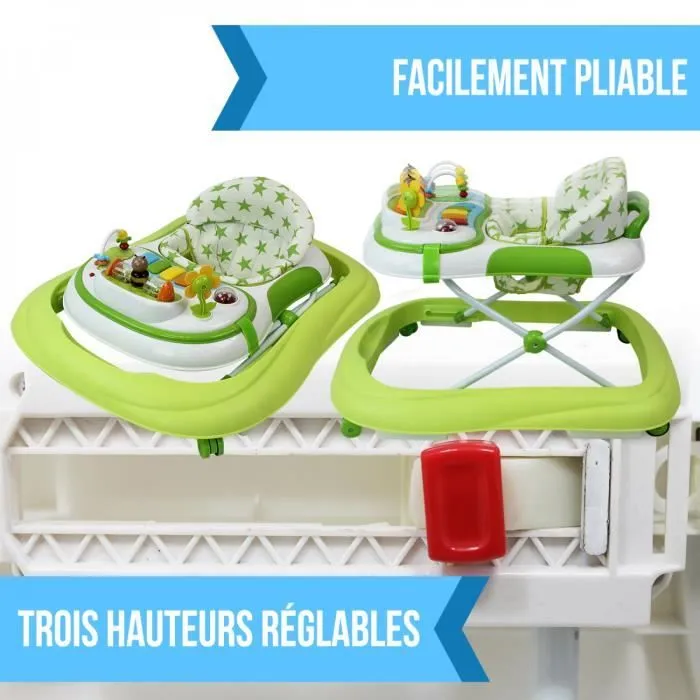 Trotteur bébé évolutif musical pliable réglable en hauteur - Vert - Monsieur Bébé-2