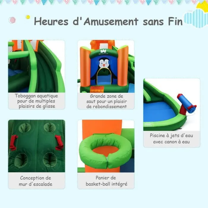 COSTWAY Château Gonflable Motif de Pingouin avec Souffleur 680W Toboggans Aquatiques,Canon à Eau,Panier de Basket-ball 3-10 Ans Vert-1