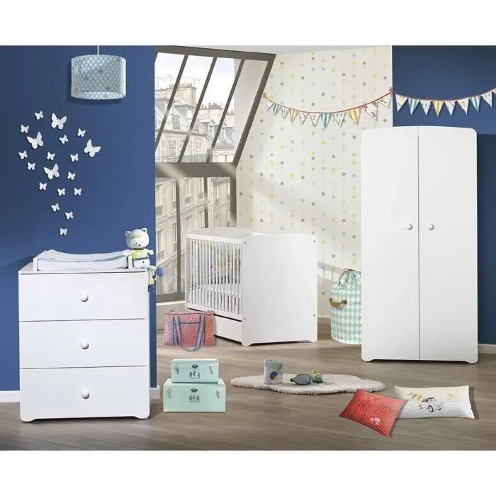 Chambre bébé trio Basic boule: Lit 120x60, commode à langer et armoire - Babyprice - Blanc-0