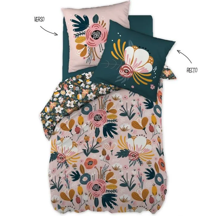 Pack housse de couette 140x200 cm Champetre + drap housse 90x190 Rose-1