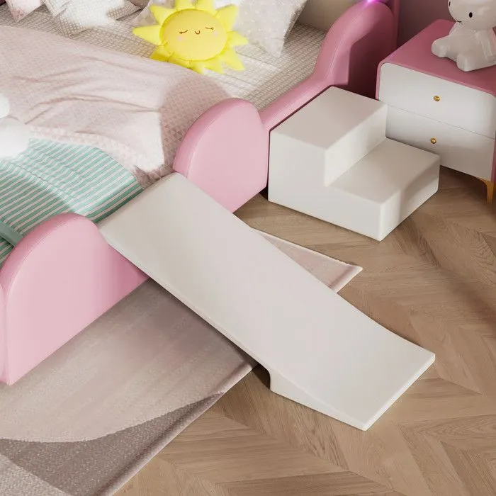 Lit enfant 90x200cm en similicuir avec petit toboggan et escalier + LED multicolore et sommier à lattes - Beige-2