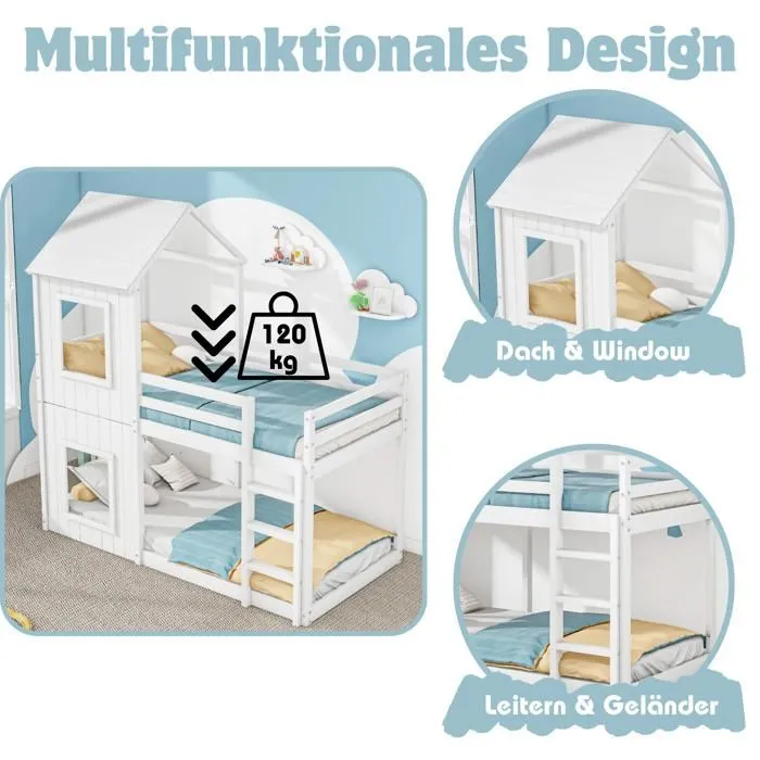 Lit superposé - MARQUE - 90x200 cm - Bois massif - Blanc - 2 places-2