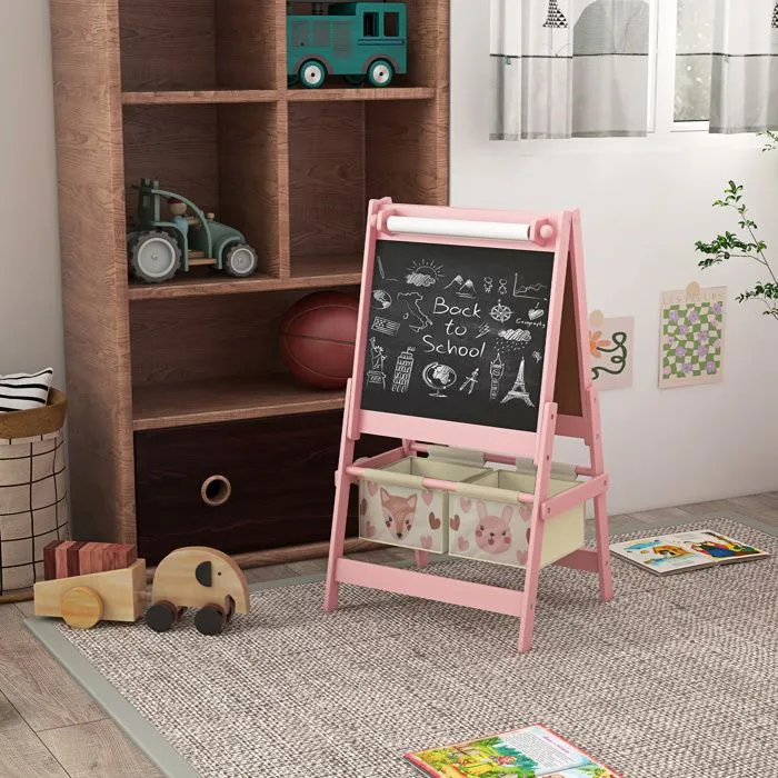 Tableau chevalet enfant - AIYAPLAY - double face - tableau blanc - tableau à craie rouleau papier - 2 paniers - rose-2