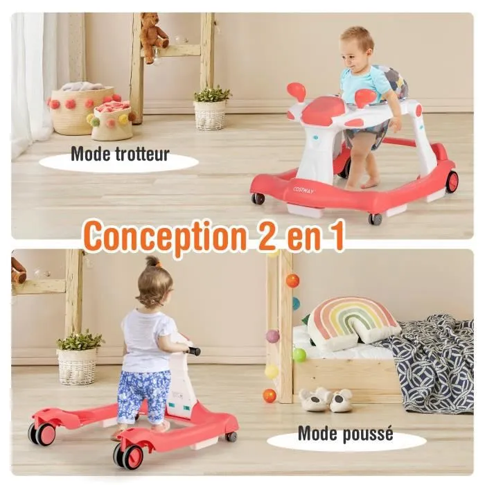 COSTWAY Trotteur Bébé Pliable Musical 2 en 1 Hauteur et Vitesse Réglables Effet Sonore avec Lumières Coussin de Siège Lavable Rose-1