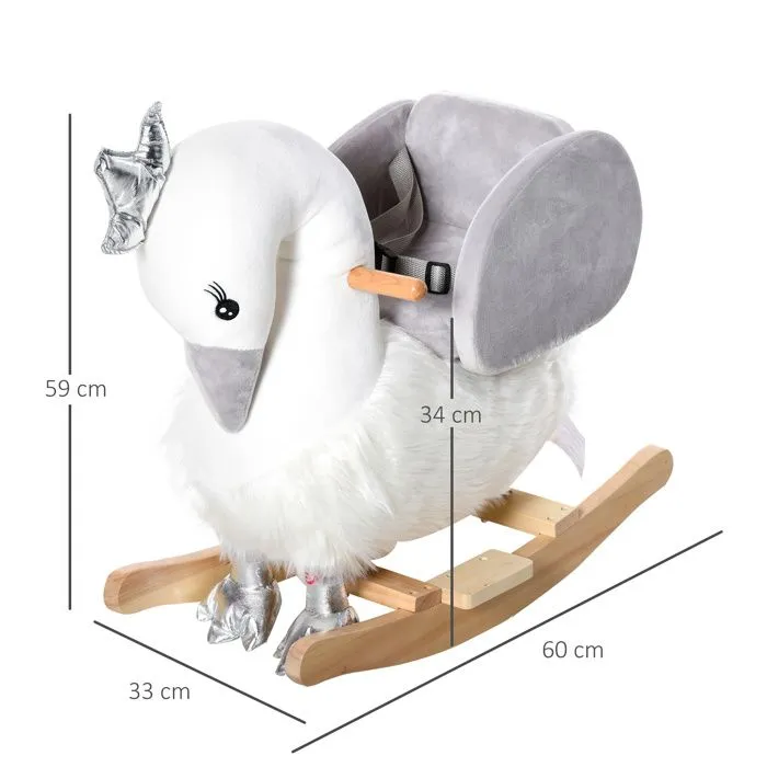 Cheval à bascule modèle cygne fonction musicale selle grand confort peluche courte douce bois peuplier blanc et gris dim. 60L x 33l-3
