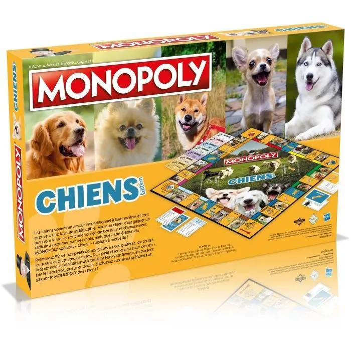 Monopoly Chiens Jeu de société, Monopoly mettant en vedette les chiens de différentes races, WINNING MOVES-3