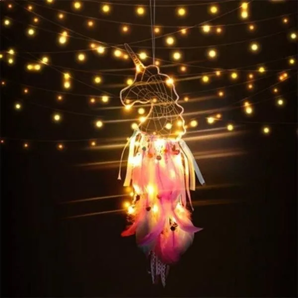 Attrape-Rêve - Licorne - LED - Plumes colorées - 65 cm - Capteur de rêves-1