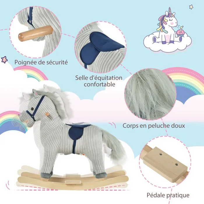 Cheval à bascule pour enfant - HOMCOM - à effets sonores - avec poignées, pédale, pour 36-72 mois - 73 x 35 x 64 cm - gris et blanc-4