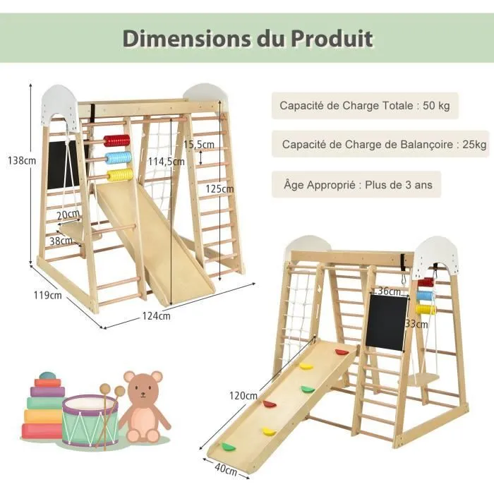 COSTWAY Cadre d'Escalade 8 en 1 pour Enfant avec Toboggan, Echelle d'Escalade, Filet d'Escalade, Planche à Dessin ect. pour 3 Ans+-3
