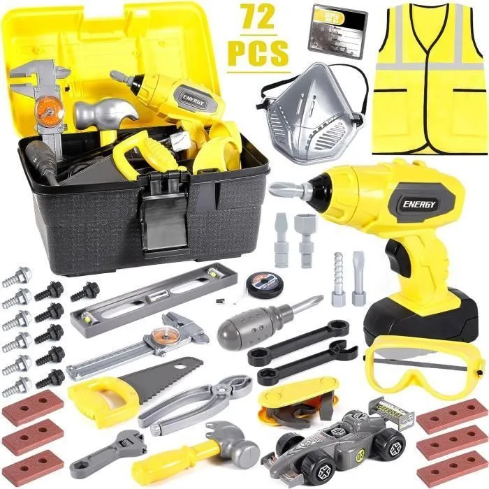 Jouet de outils pour enfants de Construction et Accessoires,  72 Pièces Caisse a Outil Enfant avec Perceuse Électrique pour Enfant-0