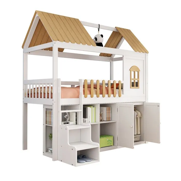 Lit mezzanine 90x200 cm - en bois de pin - avec étagères, armoire et escalier de rangement - Blanc & Naturel-3