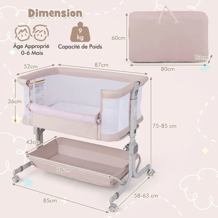Lit Cododo Bébé avec Matelas 2,5cm COSTWAY-Dès la Naissance-9 kg-6 Hauteurs-4 Roulettes-Portable Pliable-Étagère de Rangement-Beige-3
