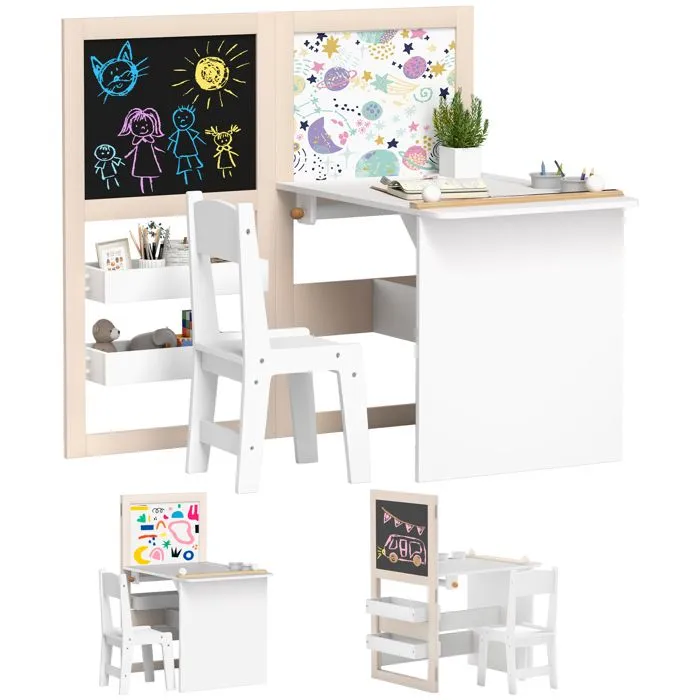Table enfant avec chaise AIYAPLAY 3 en 1 avec chevalet pliable étagères de rangement, rouleau de papier - 3 à 8 ans, blanc-0