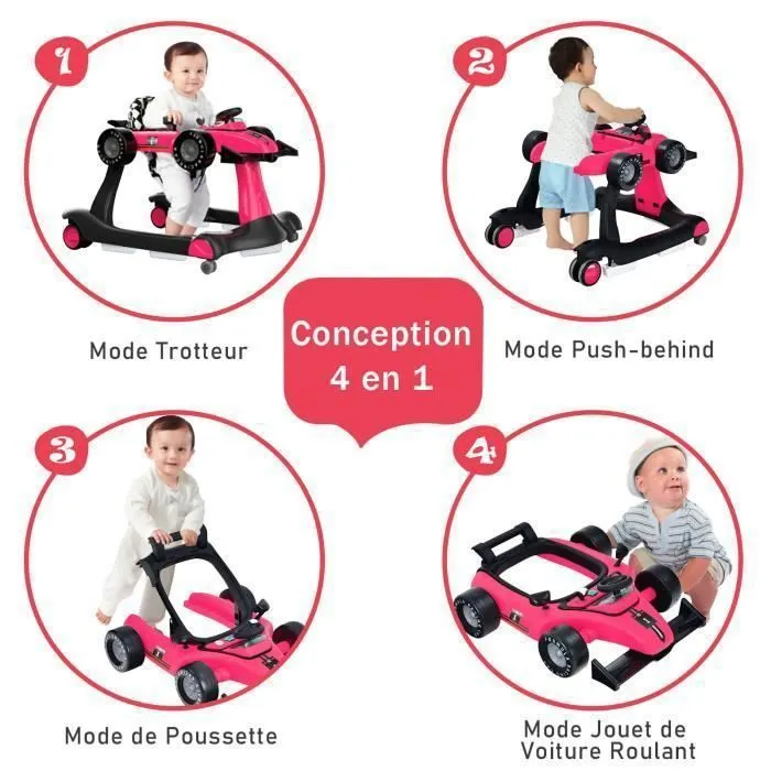 COSTWAY Trotteur Bébé Pliable Musical 4 en 1 Apparence de Voiture Pousseur Hauteur et Vitesse Réglables Lumière Volant Rose Rouge-1