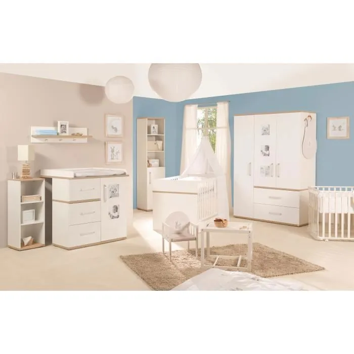 Chambre Bébé Duo Pia ROBA - Lit Évolutif 70x140 + Commode à Langer - Blanc / Chêne San Remo-1