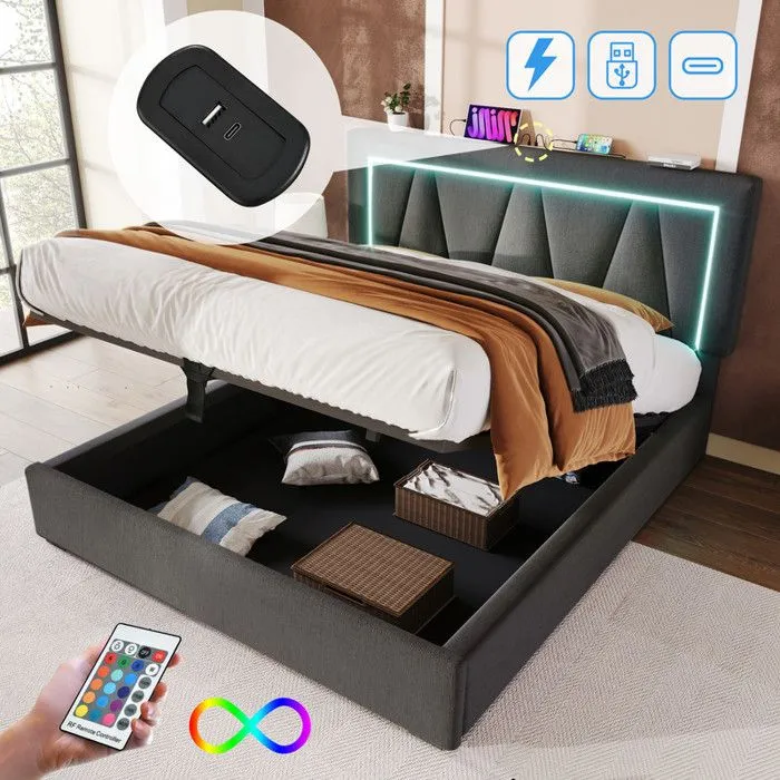 ModernLuxe Lit coffre rembourré 140x200cm avec LED et Port de charge USB et Type-C - tissu en lin - sommier à lattes - Gris-0