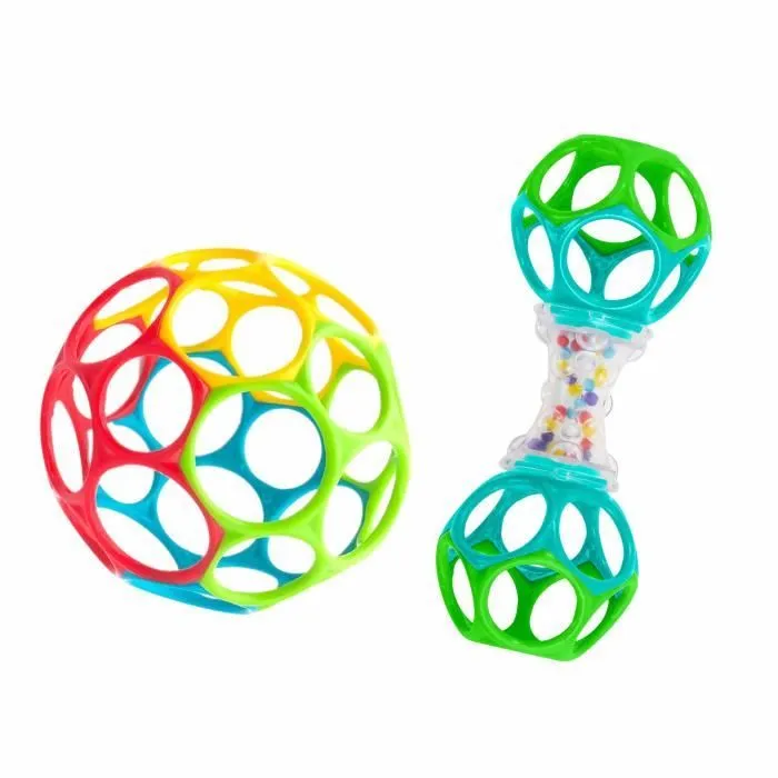 BRIGHT STARS Coffret cadeau de naissance O'Ball avec 2 jouets bébé: un hochet et une O Ball Classique rouge, jaune bleu et vert-1