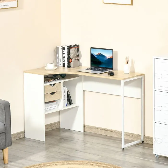 Bureau d'angle HOMCOM - Bureau informatique multi-rangement - Aspect chêne clair et blanc-2