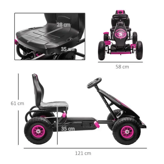 Kart à pédales pour enfant HOMCOM Go-kart siège réglable 3 positions frein à main pneus antidérapant enfant de 5 à 12 ans rose noir-3