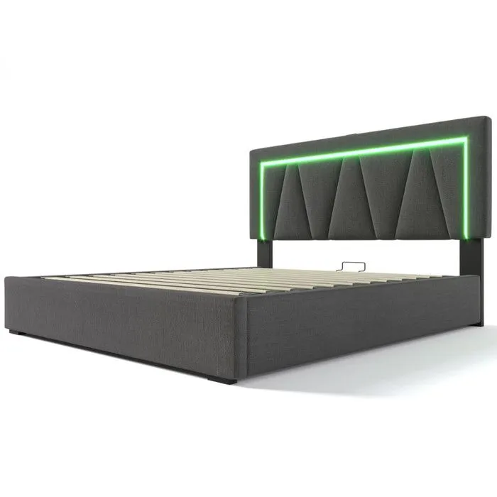 ModernLuxe Lit coffre rembourré 140x200cm avec LED et Port de charge USB et Type-C - tissu en lin - sommier à lattes - Gris-2