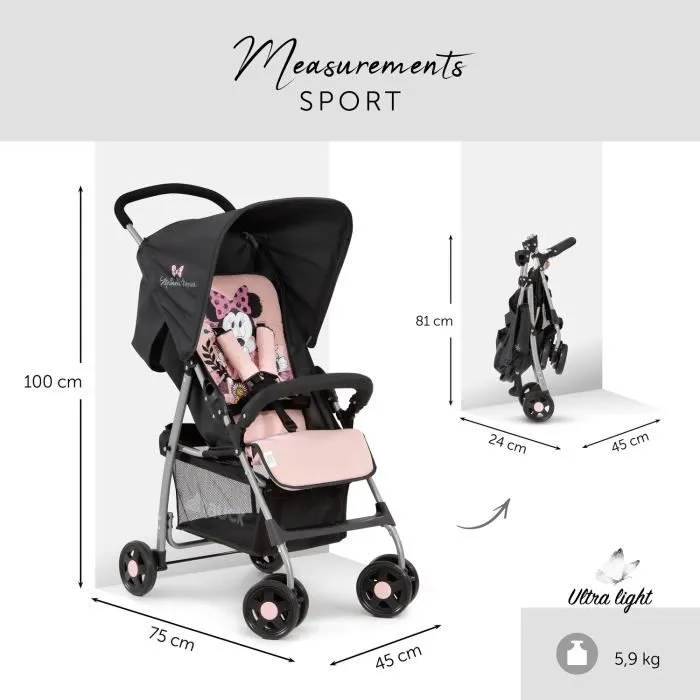 Bebeboutik MINNIE Poussette sport jusqu a 18 kg Position Couchee Legere 5 9 kg pliable et compacte rose
