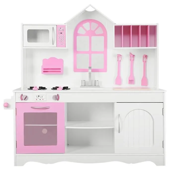 COSTWAY Cuisine Enfants Dinette en Bois avec Evier, Four, Micro-ondes,Cuisinières, 3 Spatules, 109 x 32 x 106,5 cm Rose-0