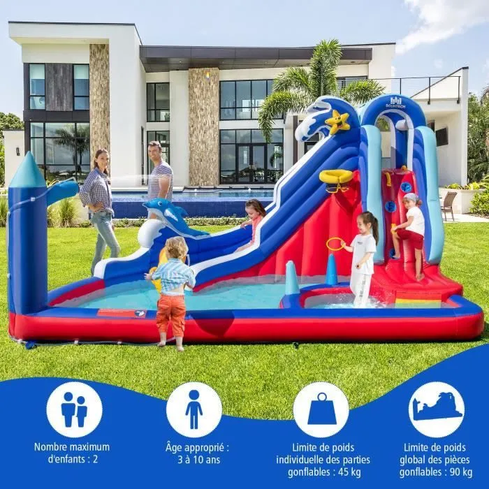 COSTWAY Château Gonflable avec Piscine 6 en 1 pour Enfants, Parc Toboggan Aquatique avec Canon à eau, 413 x 300 x 235 cm-2