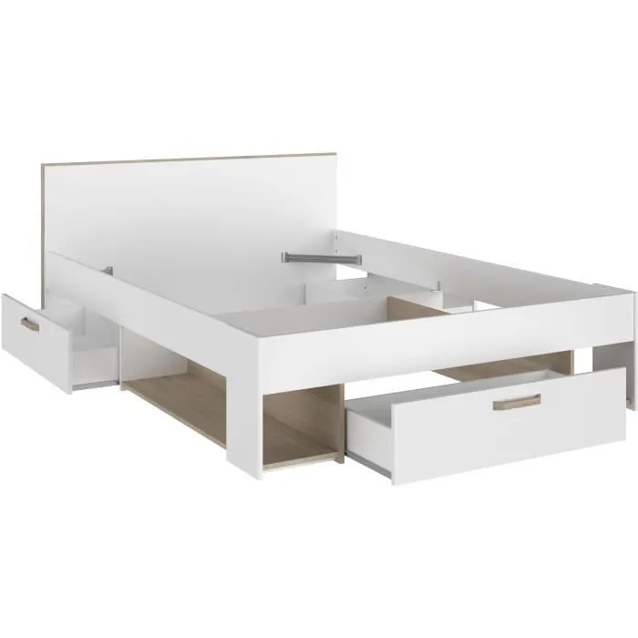 Lit adulte DREAM 140 x 190/200 cm - 3 tiroirs - Décor blanc et chêne - PARISOT-4