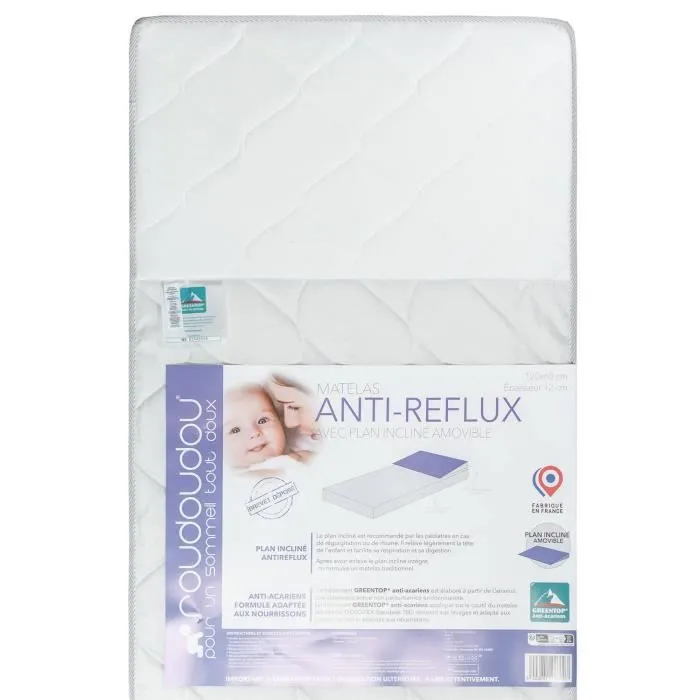 Matelas bébé Anti-Reflux avec Plan Incliné amovible Made in France Blanc 70x140 cm-1