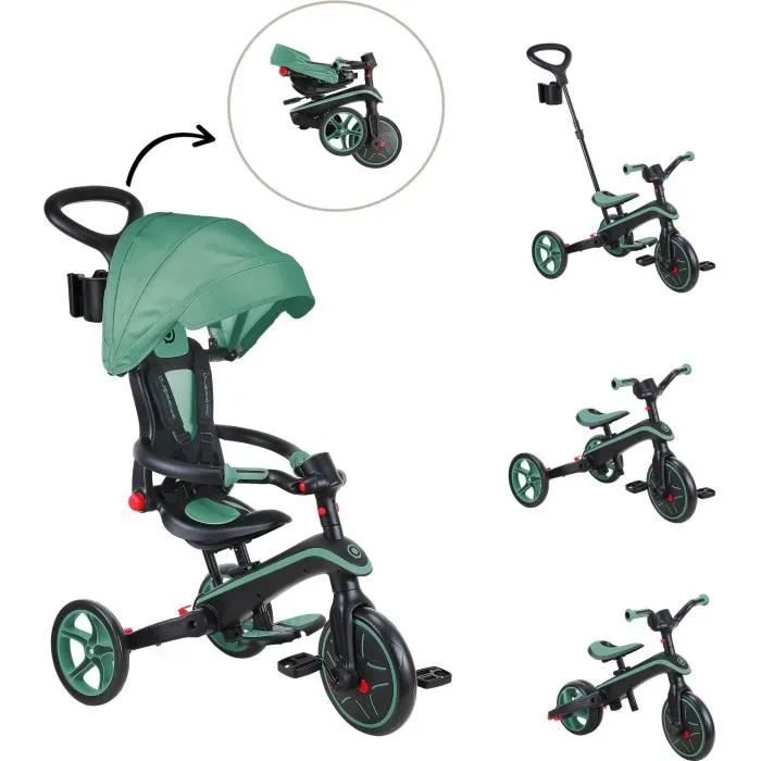 Tricycle évolutif EXPLORER 4 EN 1 PLIABLE - GLOBBER - Olive - Draisienne - de 10 mois à 5 ans - Montage sans outils-0