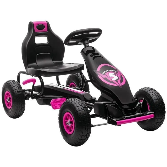 Kart à pédales pour enfant HOMCOM Go-kart siège réglable 3 positions frein à main pneus antidérapant enfant de 5 à 12 ans rose noir-0