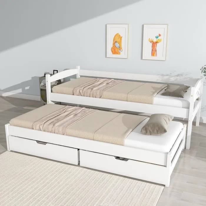 Lit enfant Fortuna Lai,90x200cm et 90x190cm,2 place,avec barrière de protection,avec tiroir,fille,garcon,cadre en bois massif,blanc-0