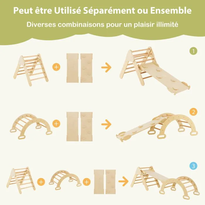 7 en 1 Triangle d'Escalade COSTWAY avec Toboggan/Arche/Rampe - Échelle Réglable, Charge 50KG, pour Bébé 1 Ans+ Naturel-2