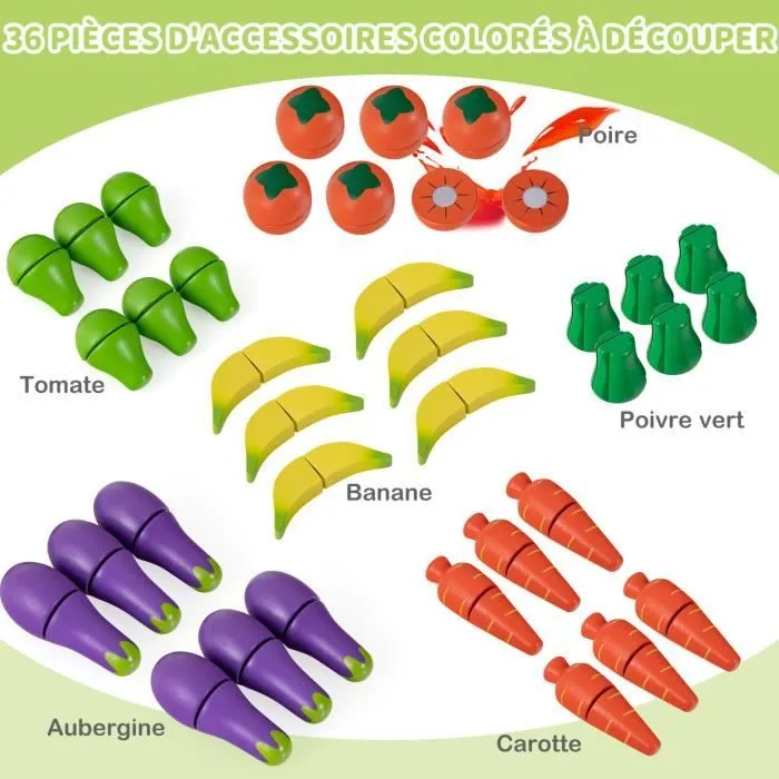 COSTWAY Marchande Enfant 3 Ans+ en Bois - 36 Légumes et Fruits, Machine POS, Tableau Noir et Scanner-1