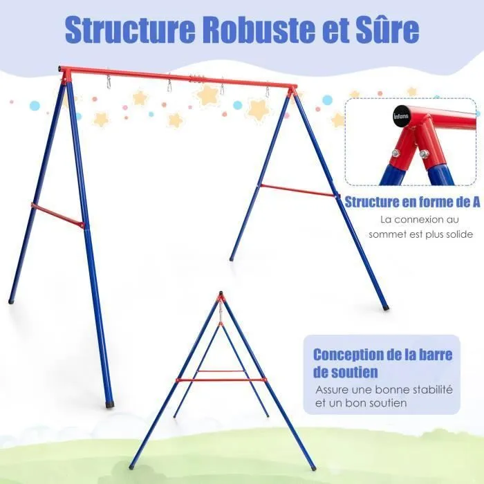 COSTWAY Portique de Balançoire pour 2 Enfants en Métal Structure en A Charge 250KG 260 x 183 x 183 cm 2 Façons de Suspendre-3