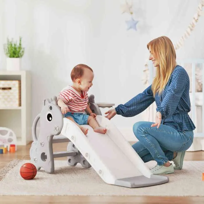 Toboggan pour enfants - AIYAPLAY - 3 en 1 - en forme de girafe - panier de basket, escalade et ballon - 106 x 51,5 x 52 cm - gris-1